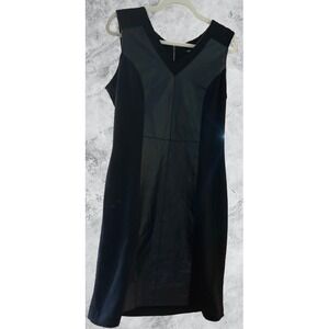 Sharagano Studio Womens Black Faux Leather Front Sheath Dress Size 12 V-Neck